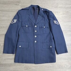 VTG US Air Force USAF SSgt E5 Blue Button Front Wool Dress Jacket w/Neck Tie 38R